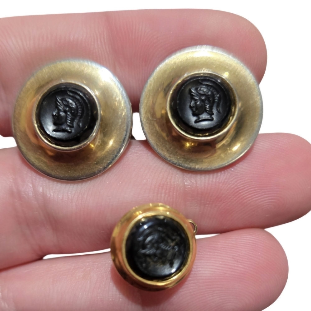 Vintage Cuff Links And Tie Pin Roman Gladiator Carved Cameo
